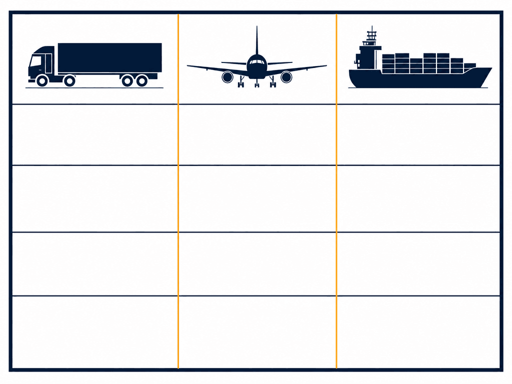 Three-column comparison diagram with truck, aircraft and container ship silhouettes above blank comparison cells