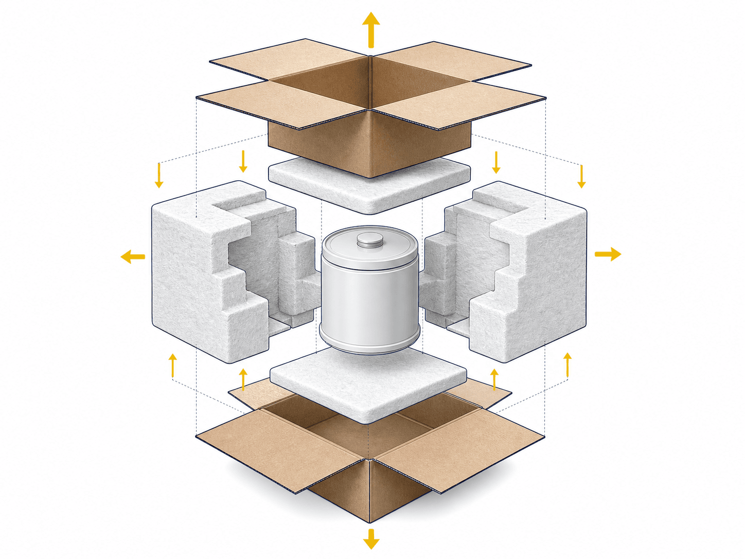 Exploded cutaway of an outer carton containing an inner receptacle surrounded by absorbent cushioning
