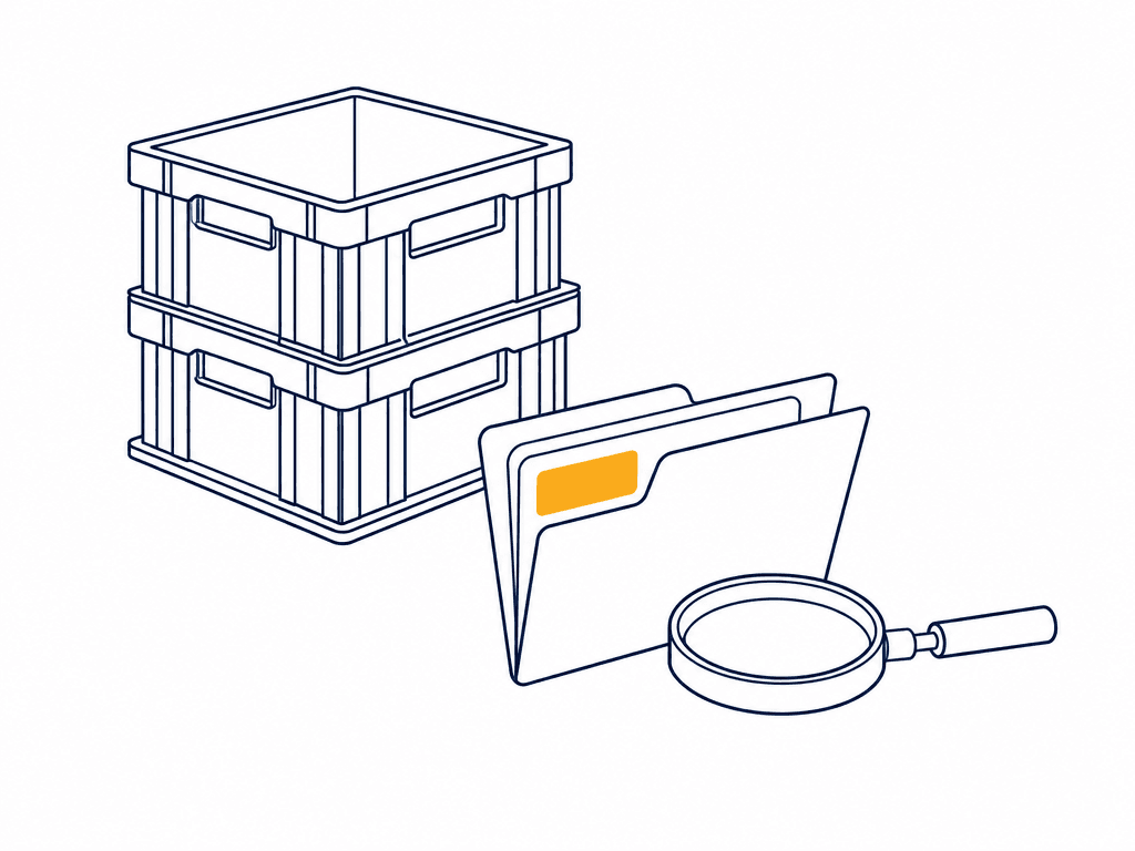 Line illustration of stacked crates beside an open folder and a magnifier