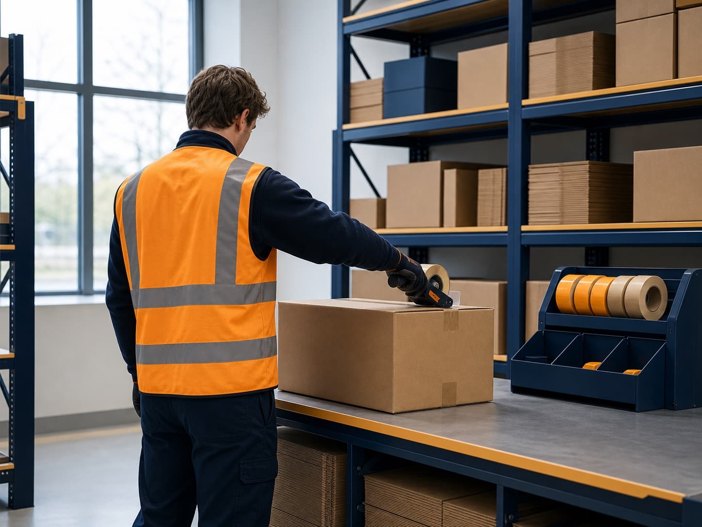 Warehouse packing station with a worker in a high-visibility vest sealing a fibreboard carton